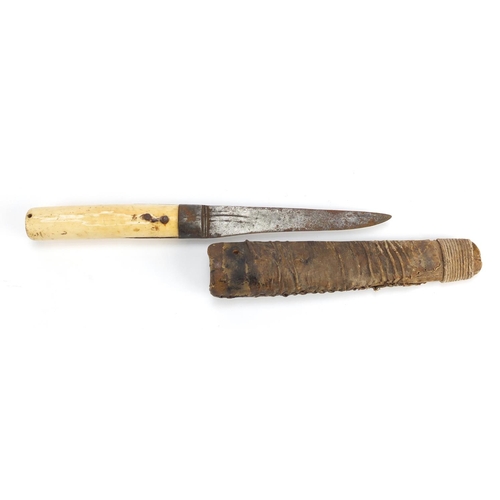 301 - Inuit eskimo hunting knife with sheath and ivory handle, 30.5cm in length