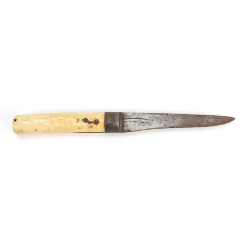 301 - Inuit eskimo hunting knife with sheath and ivory handle, 30.5cm in length