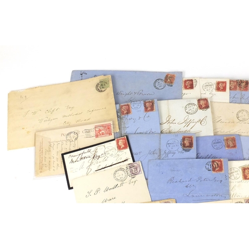 160 - Collection of Victorian postal history covers with penny red stamps in included a mourning cover wit... 