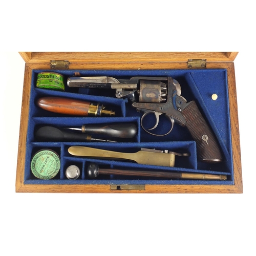 286 - 19th century percussion double action revolver by George Gibbs with oak box housing accessories incl... 