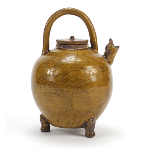 321 - Chinese pottery teapot with animalia spout, hand painted with storks amongst flowers, 21cm high