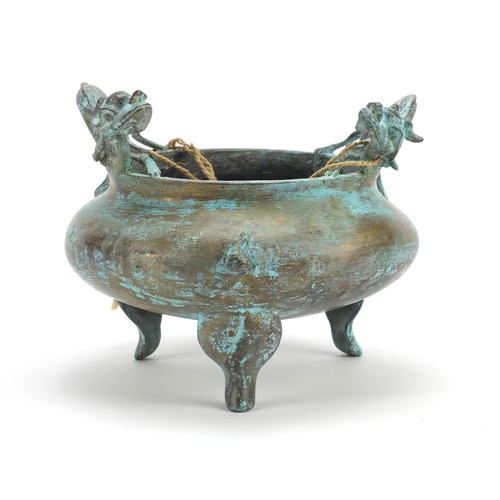 382 - Chinese bronze tripod incense burner with twin handles, character marks to the base, 15.5cm high x 1... 