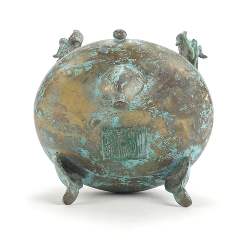 382 - Chinese bronze tripod incense burner with twin handles, character marks to the base, 15.5cm high x 1... 