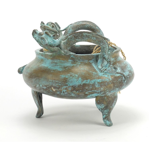 382 - Chinese bronze tripod incense burner with twin handles, character marks to the base, 15.5cm high x 1... 