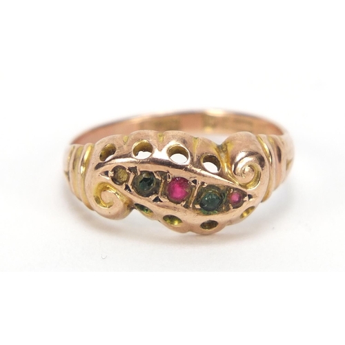 679 - Edwardian 9ct gold ring with scroll shoulders, set with pink and green stones, size M, 1.8g