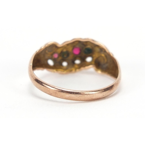 679 - Edwardian 9ct gold ring with scroll shoulders, set with pink and green stones, size M, 1.8g