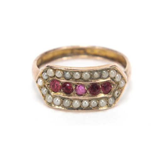 673 - Victorian 9ct gold garnet and seed pearl ring, size O, 1.7g