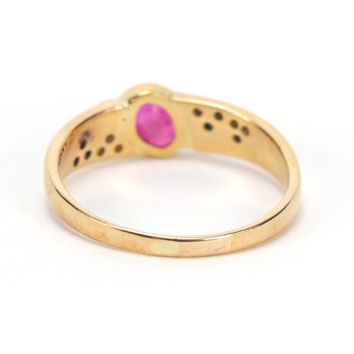 660 - Unmarked gold ruby and diamond ring, size Q, 3.4g