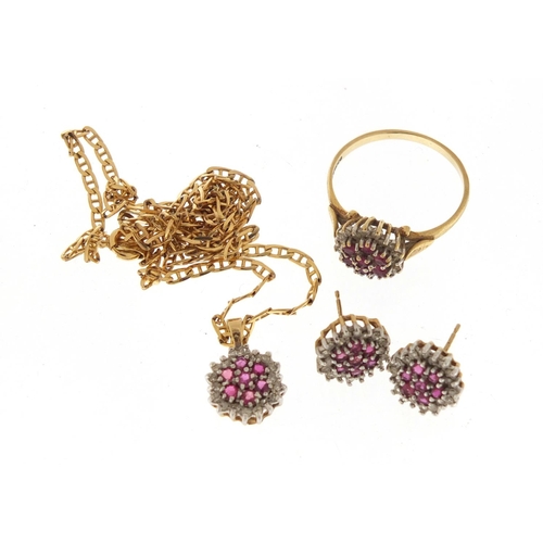 656 - 9ct gold ruby and diamond jewellery suite comprising necklace on chain, pair of earrings and ring, s... 