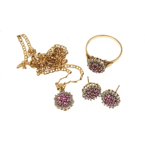 656 - 9ct gold ruby and diamond jewellery suite comprising necklace on chain, pair of earrings and ring, s... 