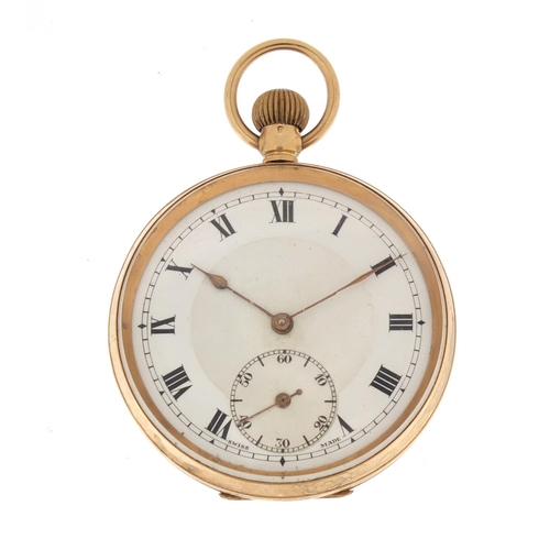 723 - Gentleman's 9ct gold open face pocket watch with subsidiary dial, 4.8 cm in diameter, 63.0g