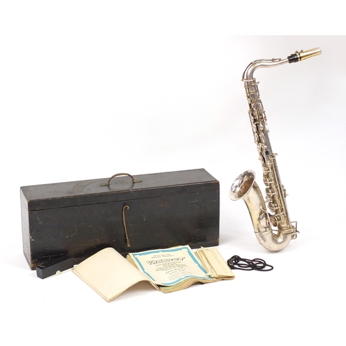 90 - Rundall Carte & Co silver plated saxophone with case, serial number 6716