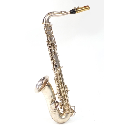 90 - Rundall Carte & Co silver plated saxophone with case, serial number 6716