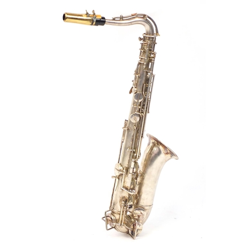 90 - Rundall Carte & Co silver plated saxophone with case, serial number 6716