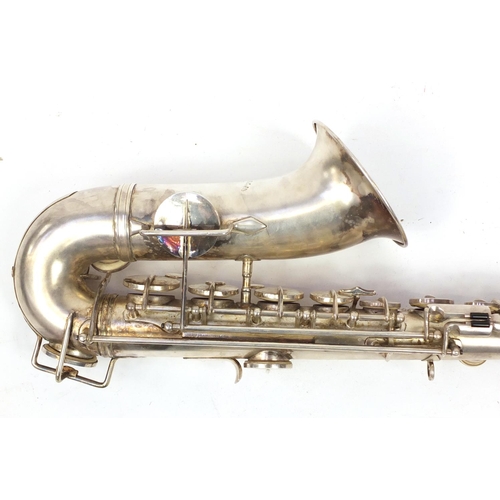 90 - Rundall Carte & Co silver plated saxophone with case, serial number 6716