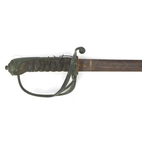 274 - British military dress sword with engraved steel blade and wire bound shagreen grip engraved Lieuten... 