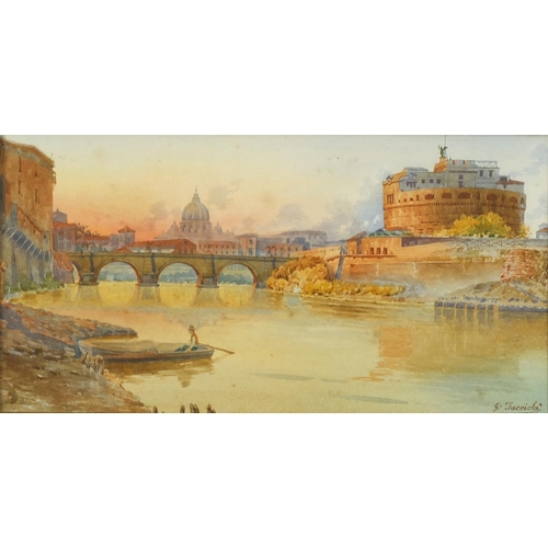 902 - Gaetano Facciola - Angel Bridge over Tiber River beside Angel Castle, Rome, Italy, 19th century wate... 