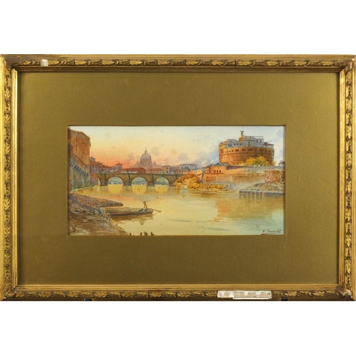 902 - Gaetano Facciola - Angel Bridge over Tiber River beside Angel Castle, Rome, Italy, 19th century wate... 