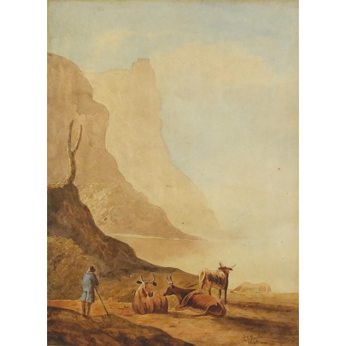 891 - John Skinner-Prout 1848 - Shepherd with Cattle beside water, 19th century watercolour and wash, 30.5... 