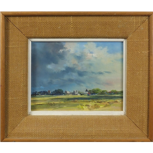 894 - Norman Dinnage - Landscape with buildings in the distance, oil onto board, mounted and framed, 19cm ... 