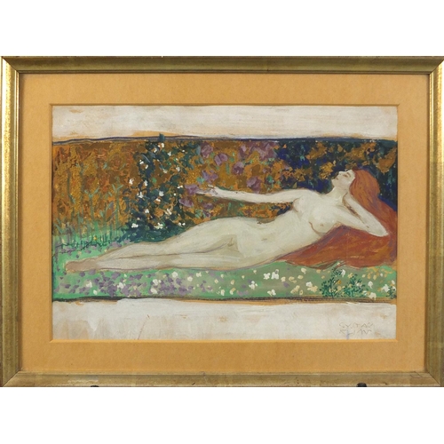 900 - After Gustav Klimt - Nude female, mixed media, mounted and framed, 32.5cm x 22.5cm