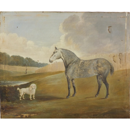 745 - Horse and a poodle in a landscape, 19th century oil onto canvas, bearing the signature Clark, unfram... 