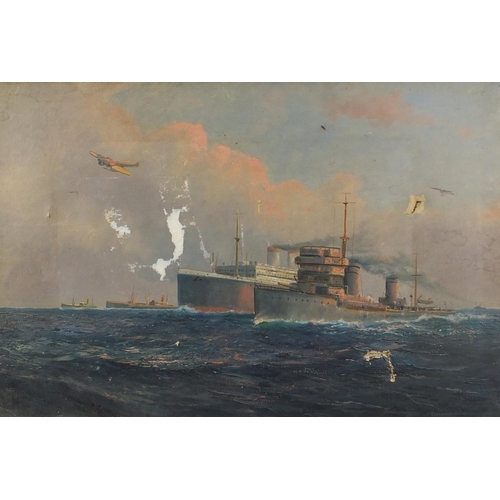 863 - D Sherrin - Vessels in water with military aircraft, oil onto canvas, framed, 90.5cm x 60.5cm