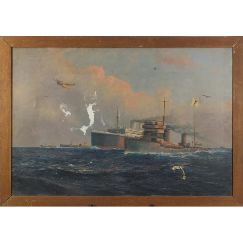 863 - D Sherrin - Vessels in water with military aircraft, oil onto canvas, framed, 90.5cm x 60.5cm