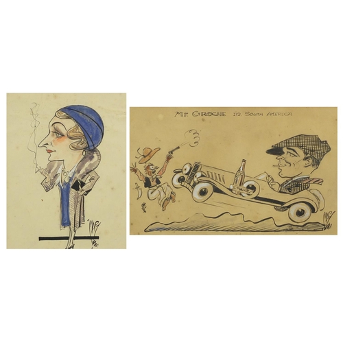 846 - Mac -Mr Grouche in South Africa cartoon and 1920's female smoking , two ink and watercolour caricatu... 