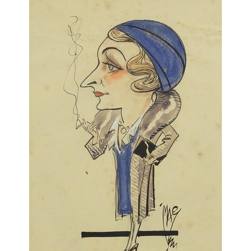 846 - Mac -Mr Grouche in South Africa cartoon and 1920's female smoking , two ink and watercolour caricatu... 