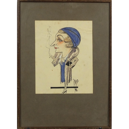 846 - Mac -Mr Grouche in South Africa cartoon and 1920's female smoking , two ink and watercolour caricatu... 