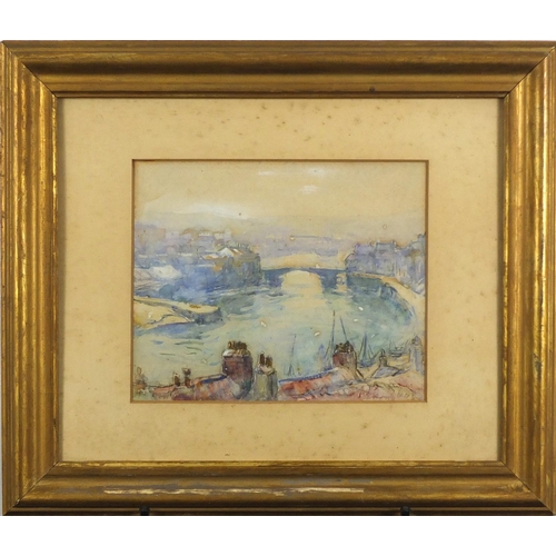 899 - Charles Robindiar? - Bridge over water, impressionist watercolour, mounted and framed, 28cm x 23cm