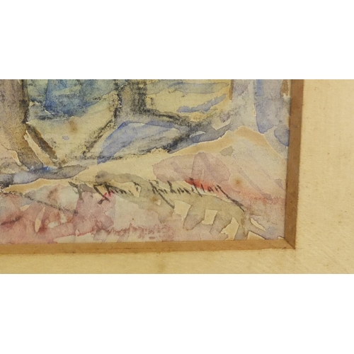 899 - Charles Robindiar? - Bridge over water, impressionist watercolour, mounted and framed, 28cm x 23cm