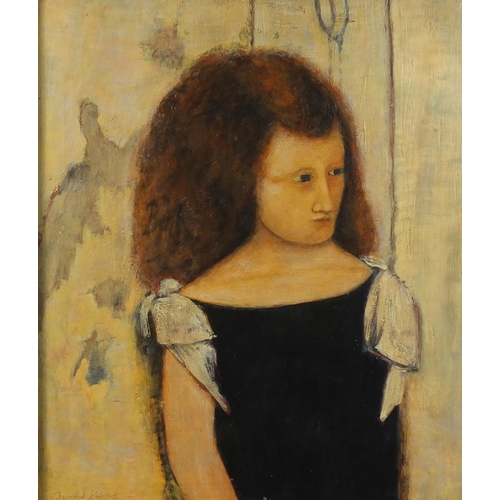 841 - After Fernand Khnopff - Top half portrait of a young girl, oil onto canvas, mounted and framed, 62.5... 