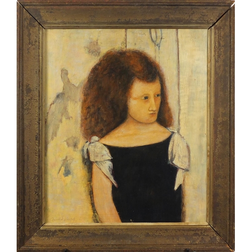 841 - After Fernand Khnopff - Top half portrait of a young girl, oil onto canvas, mounted and framed, 62.5... 