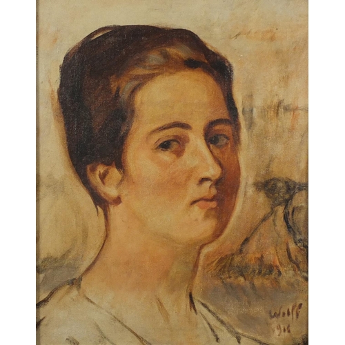 844 - Head and shoulders portrait of a young female, oil onto board, bearing a signature Wilff, framed, 38... 