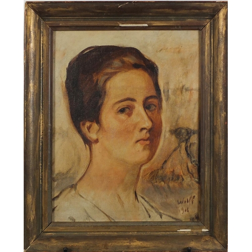 844 - Head and shoulders portrait of a young female, oil onto board, bearing a signature Wilff, framed, 38... 