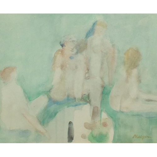 875 - Figures bathing, watercolour, bearing an indistinct signature Philip ...?, mounted and framed, 32cm ... 