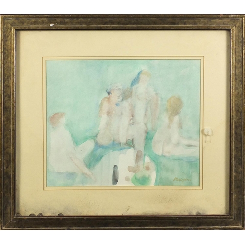 875 - Figures bathing, watercolour, bearing an indistinct signature Philip ...?, mounted and framed, 32cm ... 