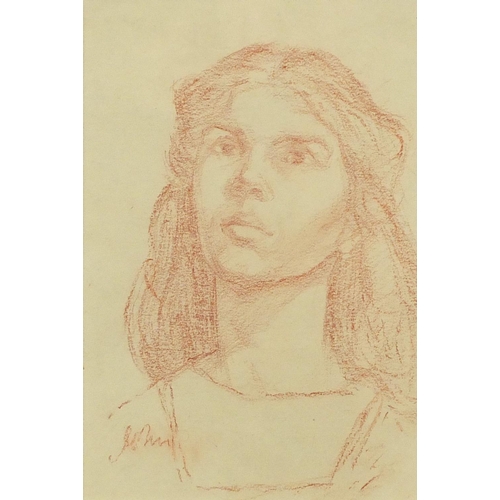 835 - Manner of Gwen John - Head and shoulders portrait of a young female, sepia chalk drawing, mounted an... 