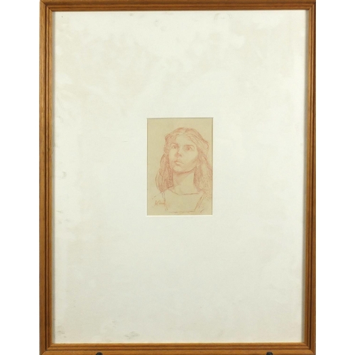 835 - Manner of Gwen John - Head and shoulders portrait of a young female, sepia chalk drawing, mounted an... 