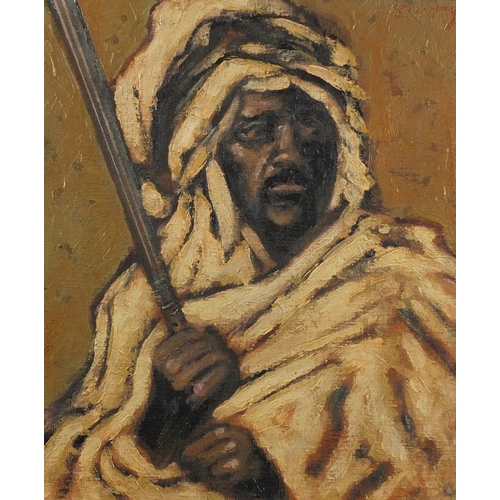 746 - Portrait of an African warrior, oil on canvas laid onto board, bearing an indistinct signature possi... 