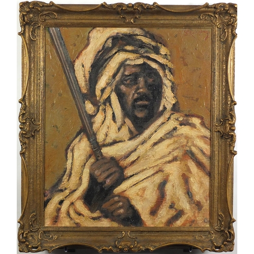 746 - Portrait of an African warrior, oil on canvas laid onto board, bearing an indistinct signature possi... 