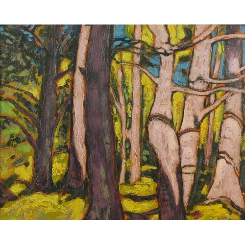 756 - Surreal wood scene, oil on board, bearing a signature Lawren Harris, framed, 48cm x 38cm