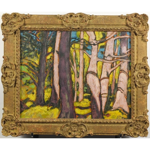 756 - Surreal wood scene, oil on board, bearing a signature Lawren Harris, framed, 48cm x 38cm