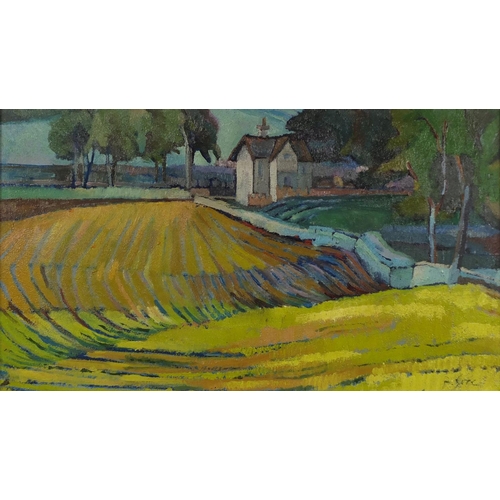 886 - House in a landscape, oil on board, framed, 50cm x 28.5cm