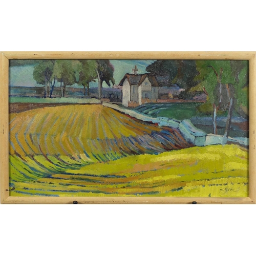 886 - House in a landscape, oil on board, framed, 50cm x 28.5cm