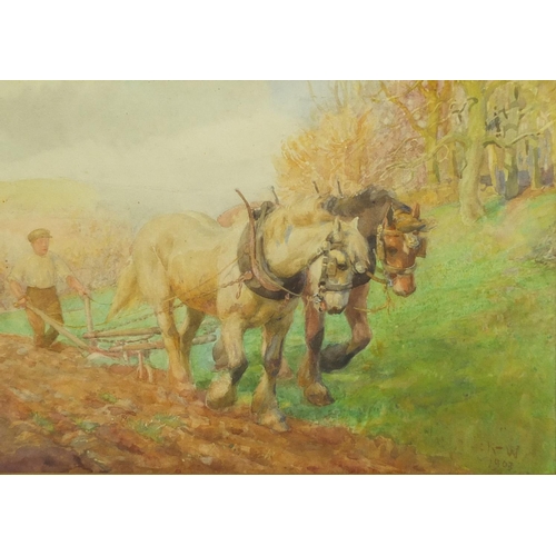 848 - Horses ploughing, watercolour, bearing a monogram KW, mounted and framed, 24.5cm x 17cm