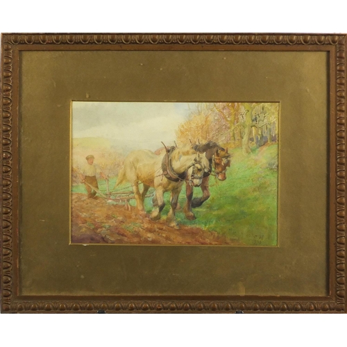 848 - Horses ploughing, watercolour, bearing a monogram KW, mounted and framed, 24.5cm x 17cm