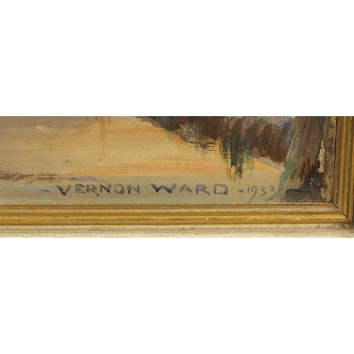 896 - Vernon Ward 1933 - Beach scene with seagulls and moored boats, oil on board, label verso, framed, 35... 